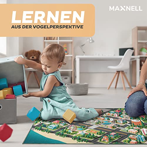 Maxnell Alfombra de juego de calle de 150 x 100 cm – Certificado Oeko Tex 100 – Alfombra infantil antideslizante y ultrasuave para niños – Aprendizaje y juegos – Alfombra de calle