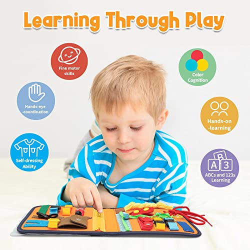 MCGMITT Busy Board para Niños Habilidades Básicas, Juguetes Niños 2 3 4 años Montessori Educativos, Tablero Sensorial Actividades Montessori Fieltro con Patch di Alfabeto e Numeri (Azul)