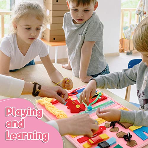 MCGMITT Tablero Actividades Montessori para 1/2/3/4 Años Niñas, Educativos Tablero Sensorial Montessori Busy Board Motricidad Fina y Las Habilidades Básicas para Vestirse (Rosa)