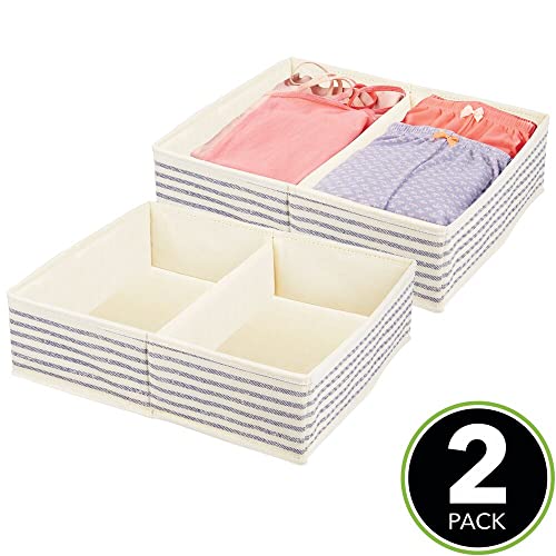 mDesign Juego de 2 organizadores de armarios – Caja de Almacenamiento con 2 Compartimentos para ordenar armarios o cajones – Caja de Tela para Guardar Calcetines, Ropa Interior, etc. – Crudo/Azul