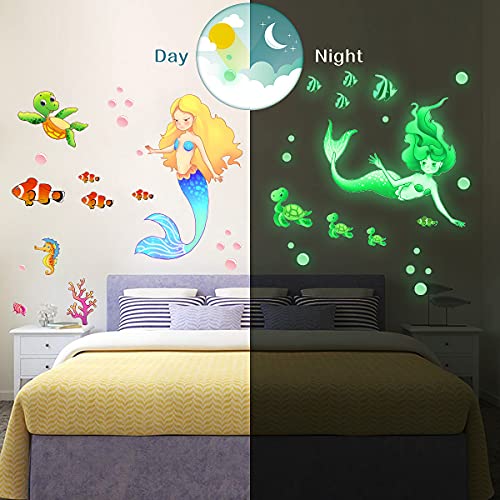 MESU Calcomanía luminosa para pared, diseño de tortuga de mar y caballito de mar, decoración de techo para habitación de niñas, cuarto de niños, sirena