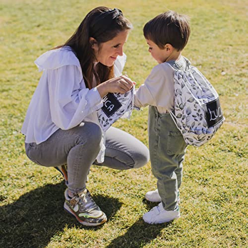 MIMUSELINA Mochilas guardería. Bolsa tela con cuerdas para guarde. Pack bolsa grande y bolsa pequeña guardamuda anti-calado. Mochila infantil pintar Nombre con rotulador Tiza (Botanic)