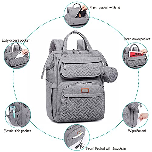 Mochilas de Pañales para Bebé, BabbleRoo bolsas grandes multifunción con cambiador y correas para cochecito y funda para chupete, mochila de viaje unisex para cambiar pañales para mamás y papás, gris