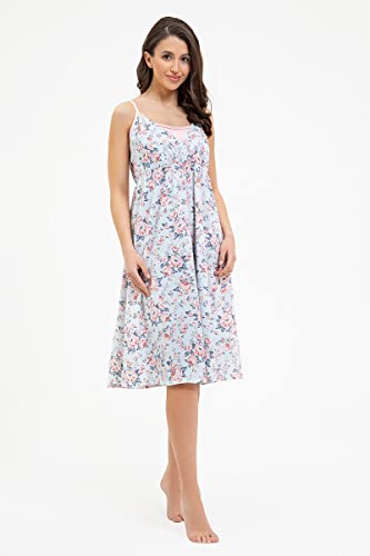 Mon Amie Merry Vestido De Noche/Diario De Maternidad para Mujer | Cómoda Bata con Tirantes Anchos, Escote En V | Apto para Embarazo, Lactancia | Estampado Turquesa con Rosas, 100 % Algodón Jersey, S