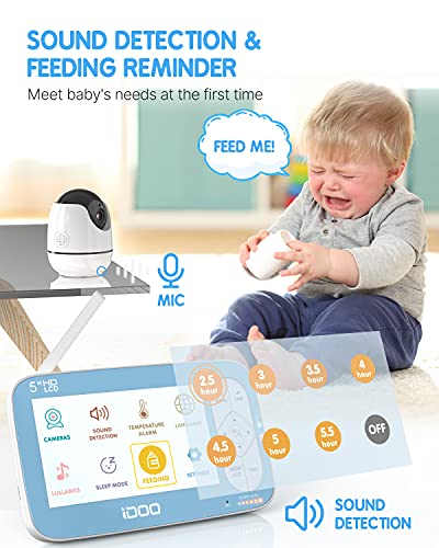 Monitor de vídeo para bebés iDoo. Pantalla de 5" HD a 720p con cámara y sonido. Zoom remoto. Comunicación bidireccional. Visión nocturna. Reproductor de canciones de cuna. Alcance de 270m