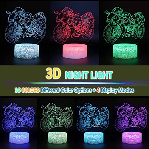 Moto 3D Luz de Noche Lámpara de Ilusión óptica, Luz Nocturna Infantil Lámpara Decorativa de Mesa 16 Colores y Control Remoto,Regalos de Cumpleanos para Niños Hombres Mujers