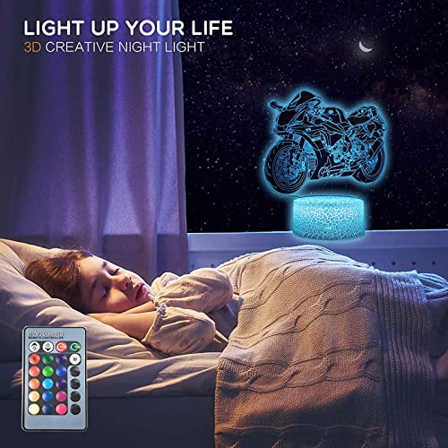 Moto 3D Luz de Noche Lámpara de Ilusión óptica, Luz Nocturna Infantil Lámpara Decorativa de Mesa 16 Colores y Control Remoto,Regalos de Cumpleanos para Niños Hombres Mujers