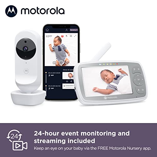 Motorola VM44 Connect - Wi-Fi Babyphone con cámara - Video Baby Monitor de 4.3" HD - Aplicación Motorola Nursery - Visión nocturna, nanas, micrófono, monitoreo de temperatura ambiente