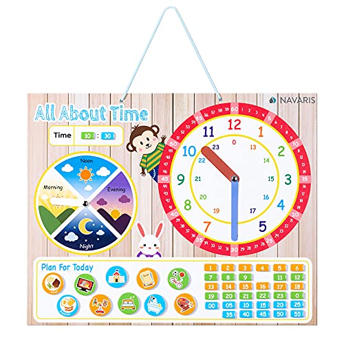 Navaris Reloj de aprendizaje para niños - 1x Tablero magnético y 49x Imán para aprender la hora y los minutos en inglés - Juego infantil +3 años