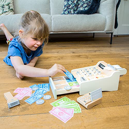 New Classic Toys Caja registradora con Dinero, escáner y Tarjeta bancaria (Madera), Color Blanco (10651)