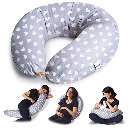 Niimo Cojin Lactancia Bebe y Almohada Embarazada Dormir XXL Multifuncion Funda Cojin 100% Algodon Desenfundable y Lavable Relleno de Poliester Multiusos Maternidad (Gris - Corazon Blanco)