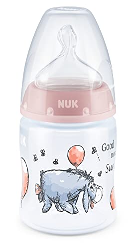 NUK First Choice+ - Biberón de Disney Winnieh the Pooh | 0 – 6 meses | Indicador de temperatura | 150 ml | Válvula anticólicos | Sin BPA | Tetina de silicona | Rosa