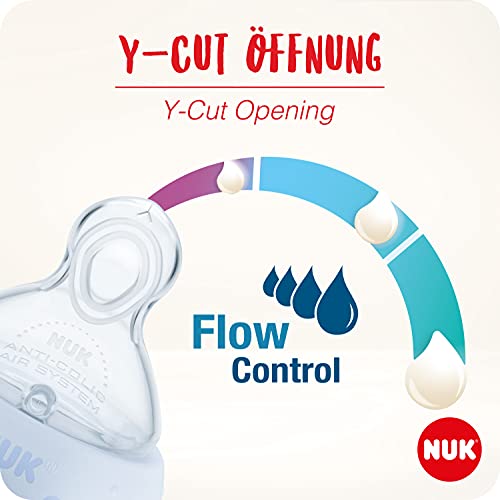 NUK First Choice+ Flow Control - Juego de 2 tetinas para biberones (6 a 18 meses, válvula anticólicos, sin BPA)