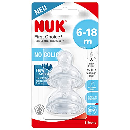 NUK First Choice+ Flow Control - Juego de 2 tetinas para biberones (6 a 18 meses, válvula anticólicos, sin BPA)