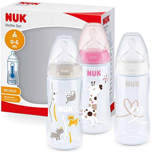 NUK First Choice+ - Juego de biberones para bebé, 0-6 meses, control de temperatura, ventilación anti cólicos, 300 ml, sin BPA, tetina de silicona, 3 unidades, jirafa rosa (10225265)