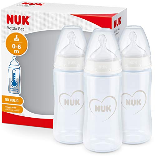 NUK First Choice+ Set de Biberones, 0-6 Meses, Control De Temperatura, Tetina De Silicona, Válvula Anticólico, Sin Bpa, 300 Ml, Gris Y Blanco, 3 Unidades