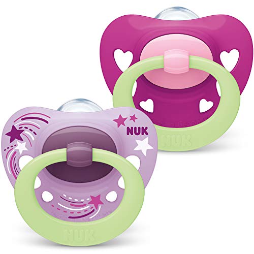 NUK Signature chupetes de noche | 6-18 meses | Chupetes que brillan en la oscuridad | Silicona sin BPA | Rosa | 2 unidades