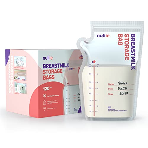 Nuliie 120 Uds Bolsas Almacenamiento de Leche Pre-esterilizadas, Bolsa Para Leche Materna con Boquilla Dispensadora, Libre de BPA, Bolsa Auto-Portante, Ahorro de Espacio