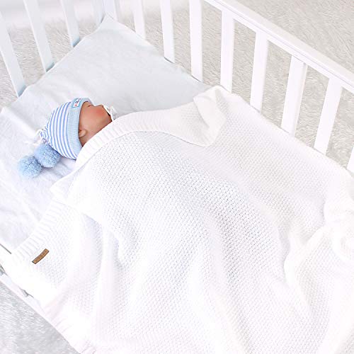 Odot Manta de Punto para Bebé Recién Nacido, Suave y Cálida Punto de Crochet Cobija Toalla de Cama Niños Swaddle para Bebe Cuna, Cochecito y Silla de Paseo (80x100cm,Blanco)