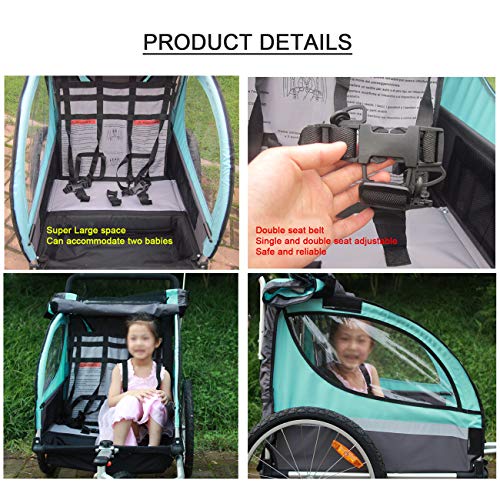 OLMME Remolques de Aluminio para Bicicletas para Niños Cochecito de 2 Asientos Remolque Doble Jogger Portador de Niños Transporte Carro de Mano Plegable Azul 123x76x107cm