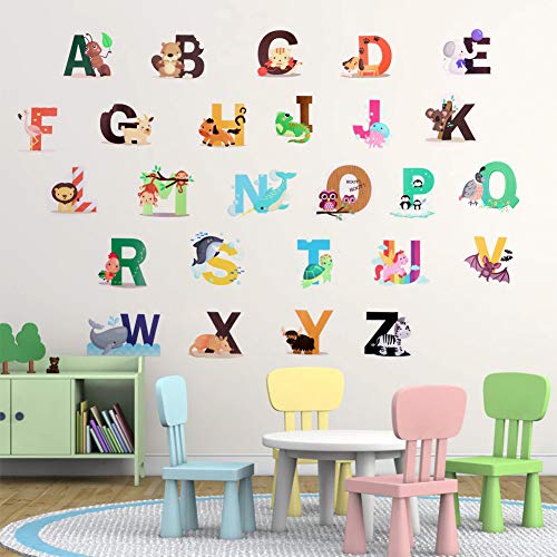 OOTSR 26 Alfabeto de Animales Pegatinas de Pared, Wall Art Sticker, Vinilos decorativos Pared Dormitorio Salón Guardería Habitación Infantiles Niños Bebés