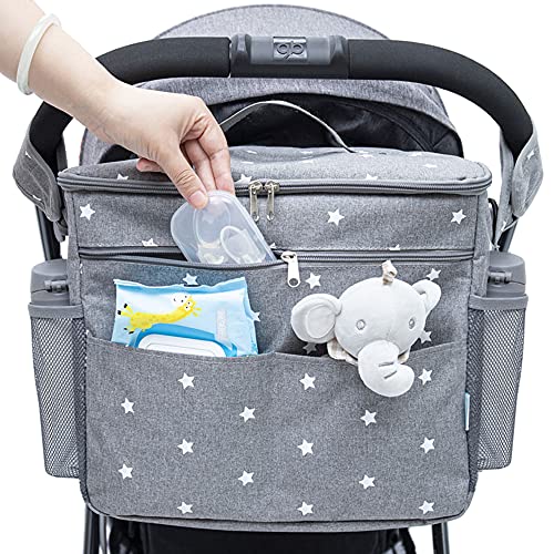 Orzbow XL Bolso Carro Bebé Universal, Multifuncional Gran Capacidad de 22 L Bolsa Organizadora de Cochecitos para Mamá con portavasos, correa para el hombro (Gris)