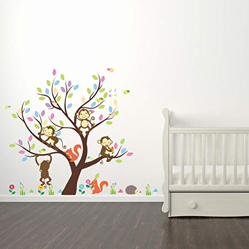 Pegatinas de pared para niños – Decoración de habitación de bebé – Pegatinas de pared para niños – Pegatinas de pared de árbol, monos y ardillas – Pegatinas de pared para niños – 2 x 90 x 30 cm