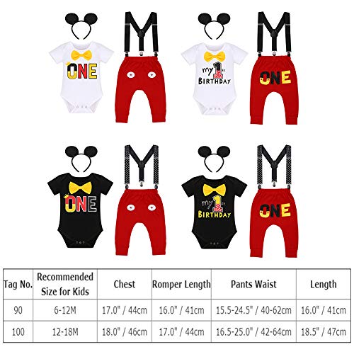 Pijama para bebé niño, 1º cumpleaños, disfraz de Mickey Mouse, pijama + tirantes ajustables + pantalones + cinta para la cabeza, 4 piezas, para hombre, para hacer fotos rojo y blanco 12-18 Meses