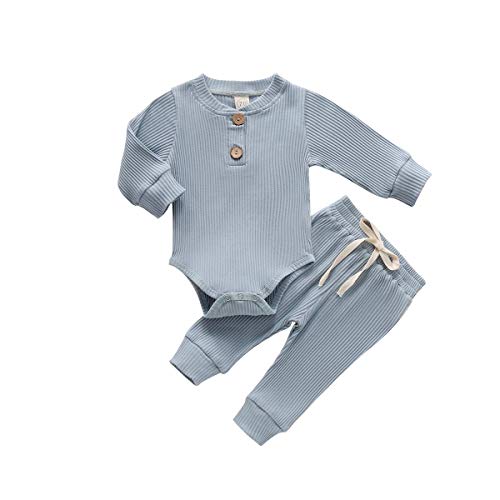 Pijamas para bebés recién Nacidos, Pantalones de Mameluco de Manga Larga, Trajes para bebés, Acanalados, a Rayas, Otoño Invierno, Ropa de Abrigo (18-24 Meses,Azul)