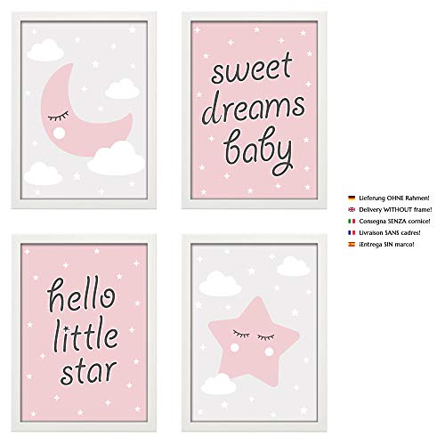 PREMYO Cuadros Infantiles para Habitación Niña - Láminas Decorativas para Enmarcar - 4 Póster Luna Estrella Rosa A4