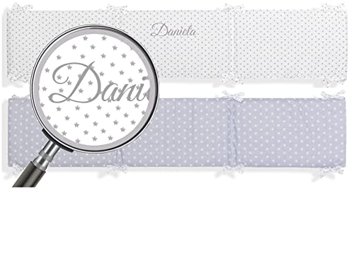 Protector Desenfundable y Reversible para Cuna Personalizado con nombre de Bebé Bordado mibebestore (ideal para proteger al bebé de los barrotes de la cuna) - Estrellas Blanco/Gris