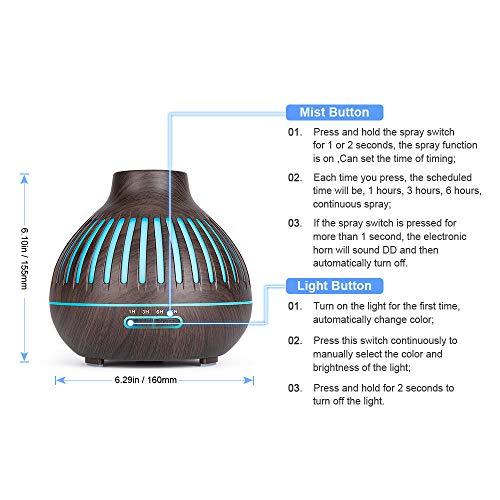 QIROG Tira de Grano de Madera de 400 ml atomización ultrasónica Hueca humidificador de aromaterapia Control Remoto difusor de Aceite Esencial doméstico-Mando a Distancia de Madera Profunda