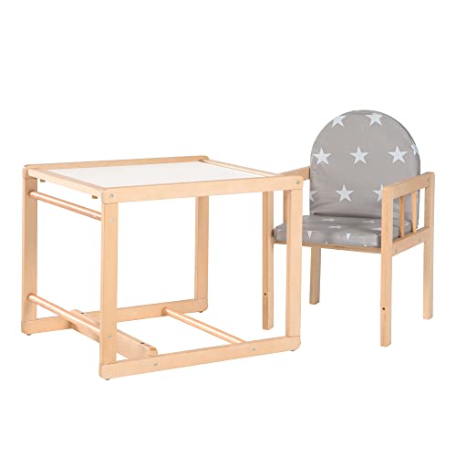 roba Little Stars 7512F190 - Trona combinada con tabla de comer, convertible en mesa y silla, madera natural, asiento acolchado de lámina