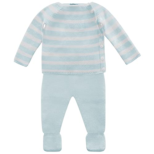 Ropa bebe recien nacido y prematuro talla 0-1 mes. Conjunto mini primera puesta jersey y polaina. Set punto tricot 100% algodon raya baby niño niña. Piel sensible atopica. Regalo. Azul. Made in Spain