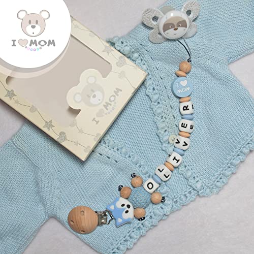 RUBY - Chupetero Personalizado Para Bebe Cadena Chupete con Nombre Bola Silicona Antibacteriana con Pinza de Madera, Chupetero de Zorrito de Crochet (Azul Pastel)