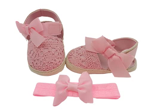 Sandalias de bebé niña de Verano de algodón con Diadema elástica con Lazo a Juego y Bolsa de Transporte de algodón orgánico. De 0 a 6 Meses. (Rosa, Numeric_18)