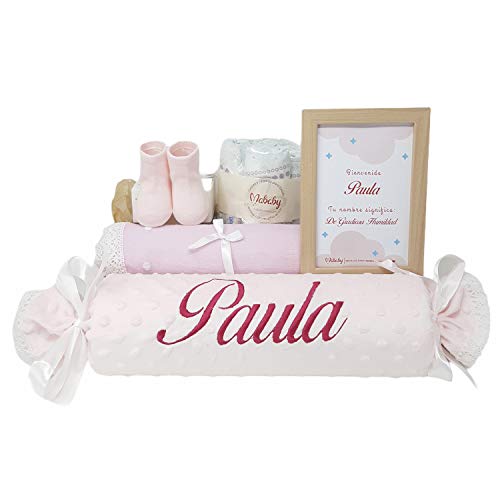 Set de Regalos para Bebés Personalizados - Mi Caramelo - Cojín con forma de Caramelo de Bebé personalizado, Calcetines de Primera Puesta y Muselina de Lactancia - Cesta de Recién Nacido. (Rosa)