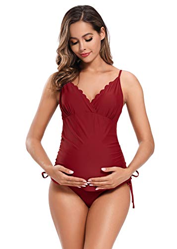 SHEKINI Mujer Bañador Split Maternity Trajes de Baño Tankini Bañadores Trajes de Baño de Talla Grande para Mujer (3XL, Vino Tinto)