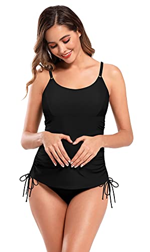 SHEKINI Tankini de Dos Piezas Traje de Baño Mujer Maternidad Premamá Elegante Bikini Ajustable Halter Ruched Talla Grande Bikini de Playa para Mujer(3XL,Negro T)