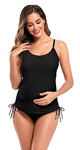 SHEKINI Tankini de Dos Piezas Traje de Baño Mujer Maternidad Premamá Elegante Bikini Ajustable Halter Ruched Talla Grande Bikini de Playa para Mujer(3XL,Negro T)