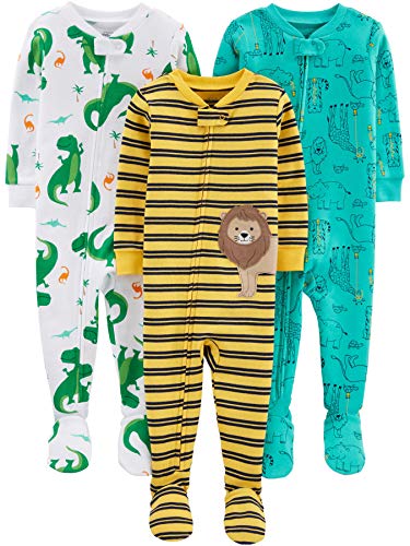 Simple Joys by Carter's pijama de algodón para bebés y niños pequeños, 3 unidades ,Dino/Animals Green/Lion ,18 Meses