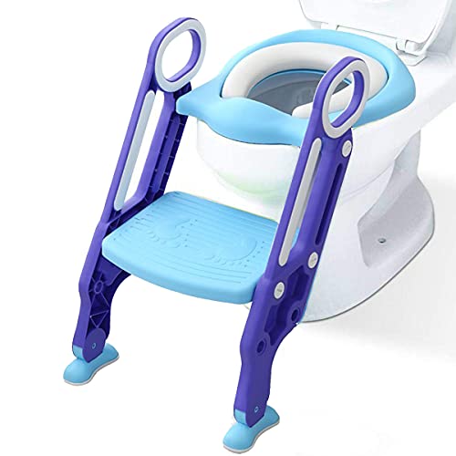 Sinbide Asiento de Inodoro para Niños con Escalera Bacinica de Bebés con Apoyabrazos Adaptador WC de Niños para Estudiar Ir al Baño Reductor Aseo Inodoro Orinal Seguro Antideslizante (Azul Violeta)