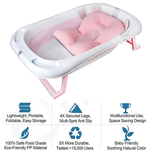 Sinbide Plegable Bañera para Bebé Recién Nacido con Alfombrilla Antideslizante Bañera de Niños Soporte del Asiento con Cojín Cómodo y Temperatura Inteligente Portátil Lavabo para Bebés (Rosa)