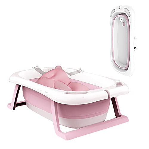 Sinbide Plegable Bañera para Bebé Recién Nacido con Alfombrilla Antideslizante Bañera de Niños Soporte del Asiento con Cojín Cómodo y Temperatura Inteligente Portátil Lavabo para Bebés (Rosa)