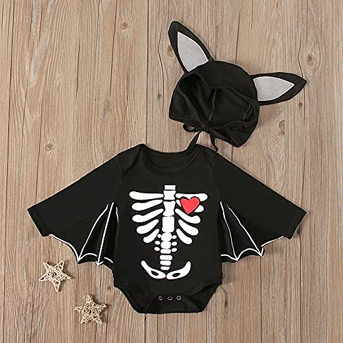 Siyova Traje de Halloween para Bebé Recién Nacido Mono de Manga Larga +Gorro de Color Sólido Mameluco con Forma de Murciélago para Bebé con Estampado de Calavera de Calabaza (Negro B, 0-6 Meses)