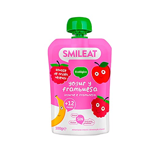 Smileat - Pouch Ecológico para Niños y Niñas, Puré Infantil con Ingredientes Naturales Bebibles, Merienda Para Bebés a Partir de los 9 Meses, Sabor a Yogur y Frambuesa - 100 g