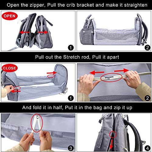 SNDMOR-Mochila para pañales de bebé de gran capacidad, para cuna de viaje, plegable, organizador de mochila para pañales de cuna multifuncional con cambiador de pañales（color gris）