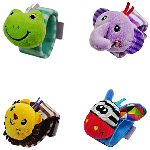 Sonajeros Juguetes 4pcs Girl Boy Sonajeros Anillo Peluches Handbell Grab Soft Peluches Juguetes de Desarrollo -Elefante, León, Rana, Ciervo