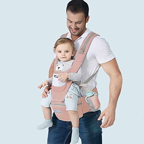 SONARIN Mochila Portabebés Ergonómico con Asiento de Cadera/Algodón Puro, Reposacabezas, Multiposición: Dorsal, Ventral, Ajustable para Recién Nacidos de 0 a 36 Meses (hasta 30 kg) Rosado