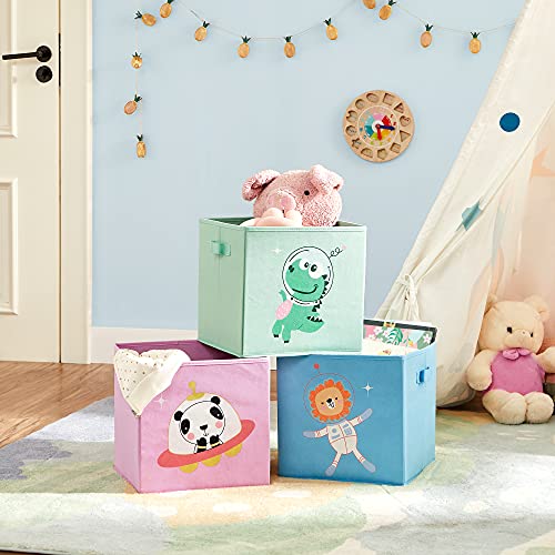 SONGMICS Caja organizadora Tela, Caja almacenaje Infantil, Juego de 3, Organizadora Juguete, Plegables con Asas, para Cuarto Infantil, 30 x 30 x 30 cm, Tema Astronauta, Azul, Verde y Rosa RFB703Y03